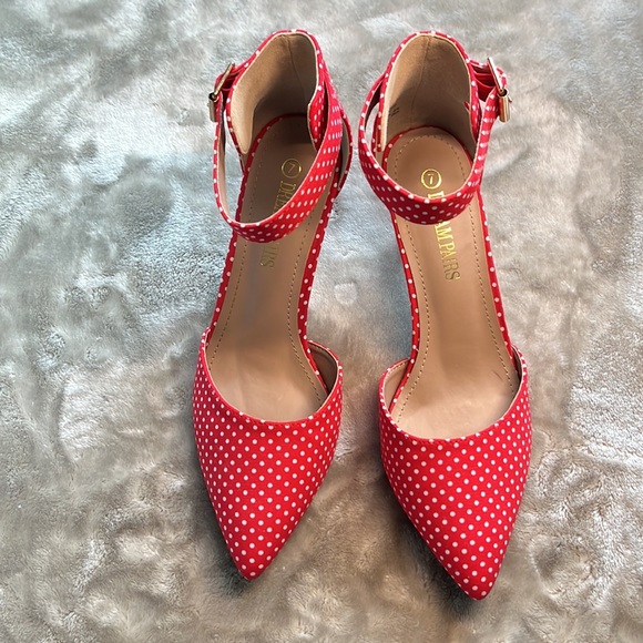 Red & White super cute sexy low heels Anke strap fabric  size 7 ladies - Picture 5 of 11